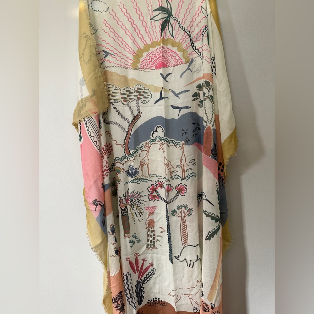 Light and colorful scarf with African landscape scene with giraffes and birds